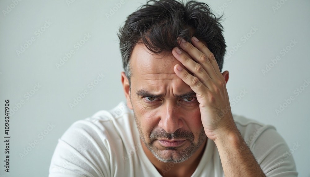 Man expressing frustration with hand on forehead, stress concept Man expressing frustration with hand on forehead, stress concept