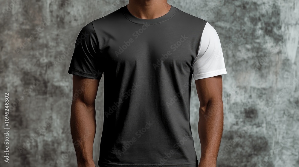 Youthful male model in a black, white, and gray T-shirt with rolled sleeves, set against a textured cement backdrop for apparel design mockup inspiration. Youthful male model in a black, white, and gray T-shirt with rolled sleeves, set against a textured cement backdrop for apparel design mockup inspiration.