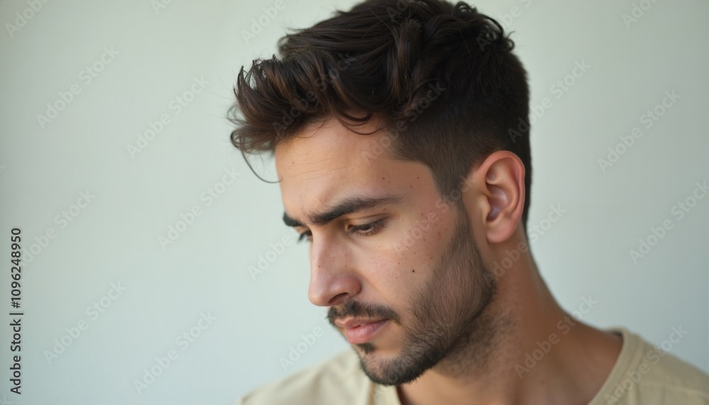 Man with thoughtful expression looking down, introspection Man with thoughtful expression looking down, introspection