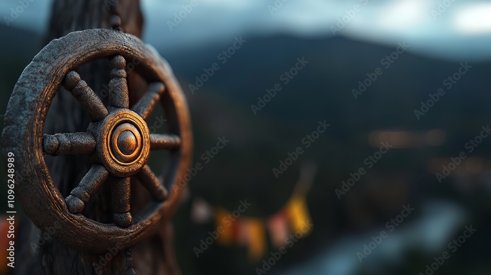 Obraz premium Closeup of a Dharmachakra, or Wheel of Law, in front of a blurred background of mountains and prayer flags.