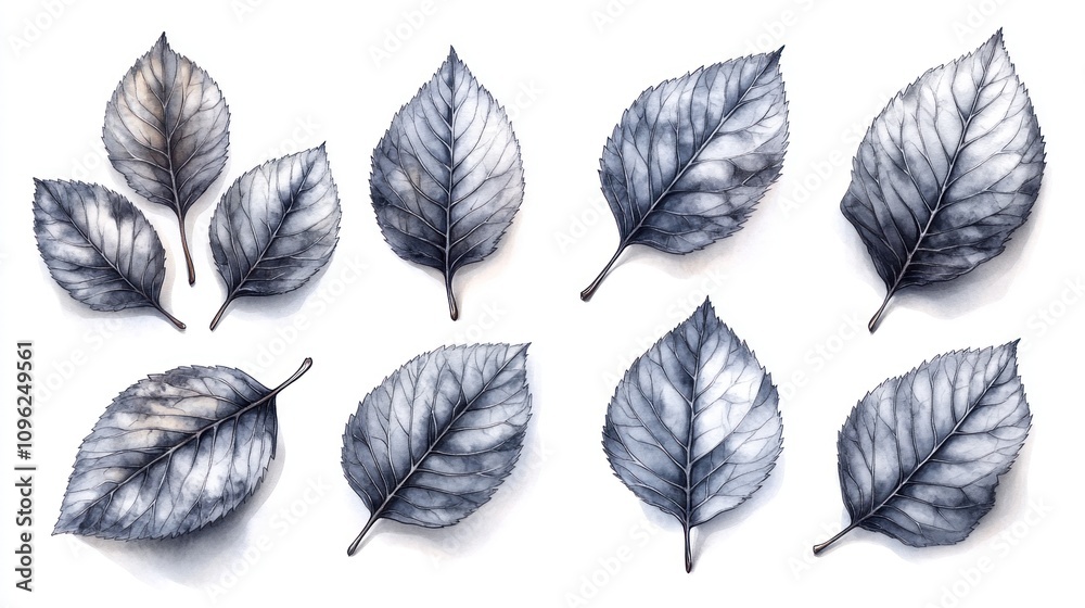 Fototapeta premium Collection of Ten Watercolor Leaves in Monochrome Shades