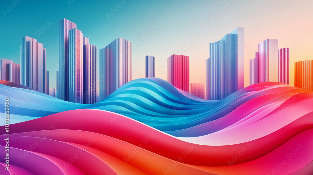 Futuristic Cityscape with Colorful Curved Roads and Gradient Background Futuristic Cityscape with Colorful Curved Roads and Gradient Background