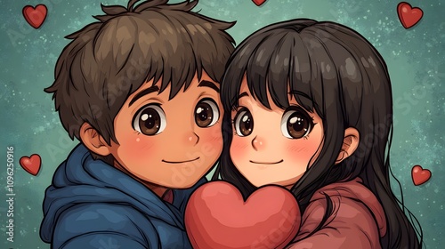 Vector illustration of two school friends, boy and girl, embracing from behind with a heart-themed Valentine background