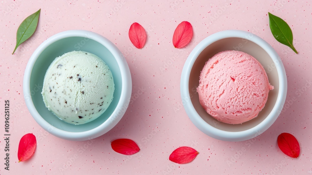 Two ice cream scoops on a pink background. Two ice cream scoops on a pink background.