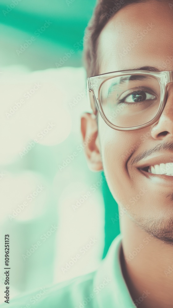 Smiling young man with glasses in a bright, modern setting, AI Smiling young man with glasses in a bright, modern setting, AI