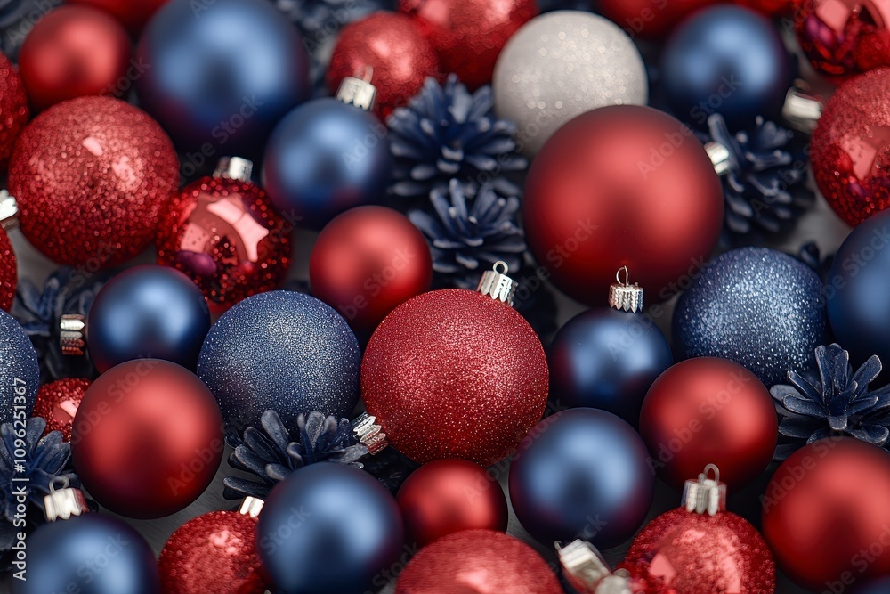 Red and blue Christmas ornaments and pine cones. Red and blue Christmas ornaments and pine cones.