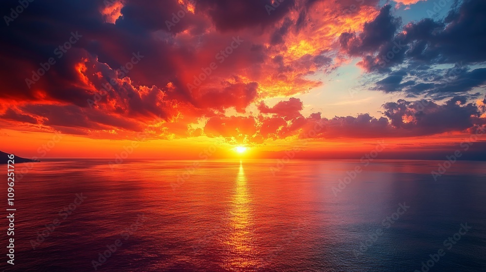 Vibrant sunset over calm ocean, fiery clouds reflecting on water. Vibrant sunset over calm ocean, fiery clouds reflecting on water.