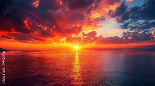 Vibrant sunset over calm ocean, fiery clouds reflecting on water.