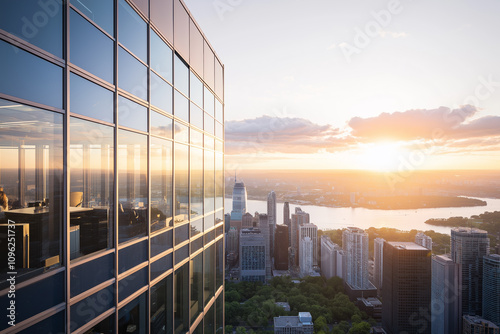 View of modern glass skyscraper with cityscape and river at sunrise, reflecting light on building exterior, highlighting urban development, architecture, and scenic morning ambiance