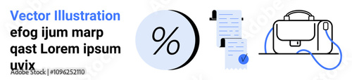 Percentage symbol beside contract with seal and black briefcase. Ideal for business plans, financial presentations, legal documents, educational materials, infographics, corporate brochures, website