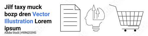 Paper document, human head with gears, and shopping cart icons representing business ideas and e-commerce. Ideal for business planning, marketing, and online shopping themes. Great for educational