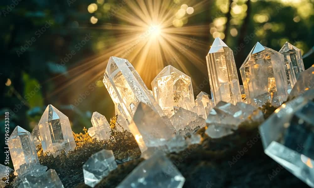 Sunlit Quartz Crystals Cluster on Mossy Forest Floor Sunlit Quartz Crystals Cluster on Mossy Forest Floor