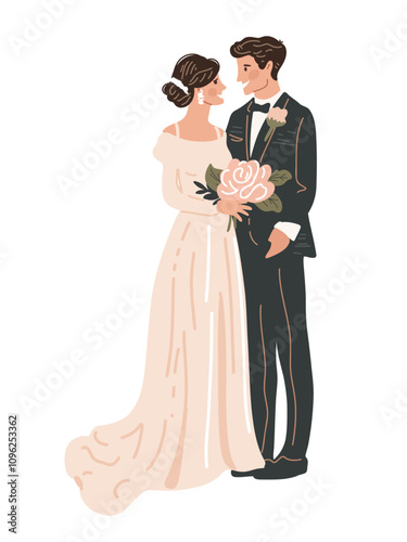 romantic couple of groom and bride in wedding attire with a bouquet of flowers