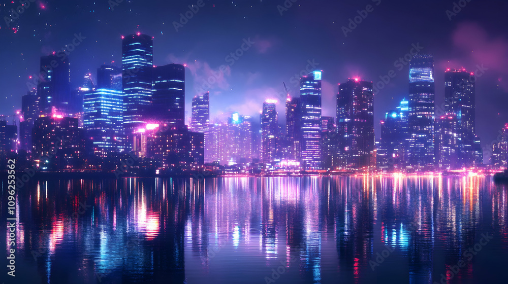 Obraz premium Nighttime cityscape with lively lights and reflections along the water