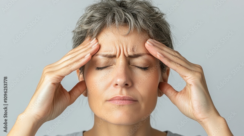 A woman with short gray hair is pressing her fingers to her temples, indicating discomfort from a headache. She appears focused and tense in a simple, light background A woman with short gray hair is pressing her fingers to her temples, indicating discomfort from a headache. She appears focused and tense in a simple, light background