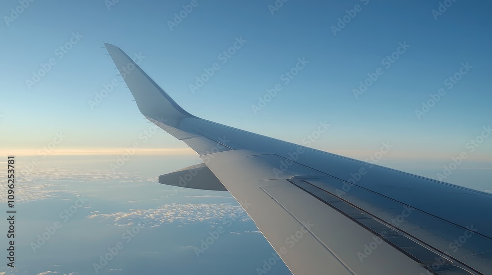 Airplane wing extending into a clear blue sky with soft clouds below, capturing the essence of travel and exploration for tourism-related applications. Airplane wing extending into a clear blue sky with soft clouds below, capturing the essence of travel and exploration for tourism-related applications.