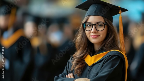 A graduate wearing a black cap and gown with an orange tassel smiles confidently. Classmates in similar attire celebrate around her in a festive atmosphere photo