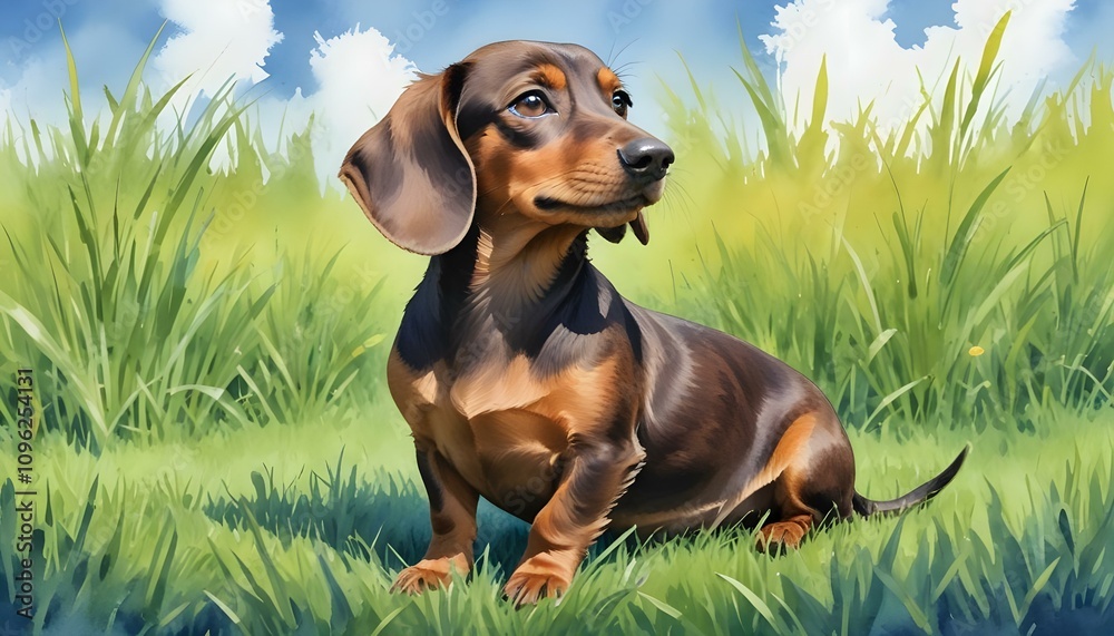 Watercolor painting of a tiny brown Dachshund sitting on lush grass under a bright blue sky Watercolor painting of a tiny brown Dachshund sitting on lush grass under a bright blue sky
