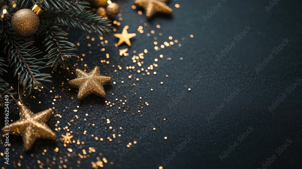 Black festive background adorned with abstract gold sparkles, featuring pine branches and decorative golden stars, creating a sparkling holiday atmosphere with selective focus. Black festive background adorned with abstract gold sparkles, featuring pine branches and decorative golden stars, creating a sparkling holiday atmosphere with selective focus.