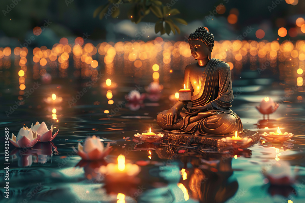 Beautiful greeting card with ancient statue great Buddha to bright holiday composition Beautiful greeting card with ancient statue great Buddha to bright holiday composition