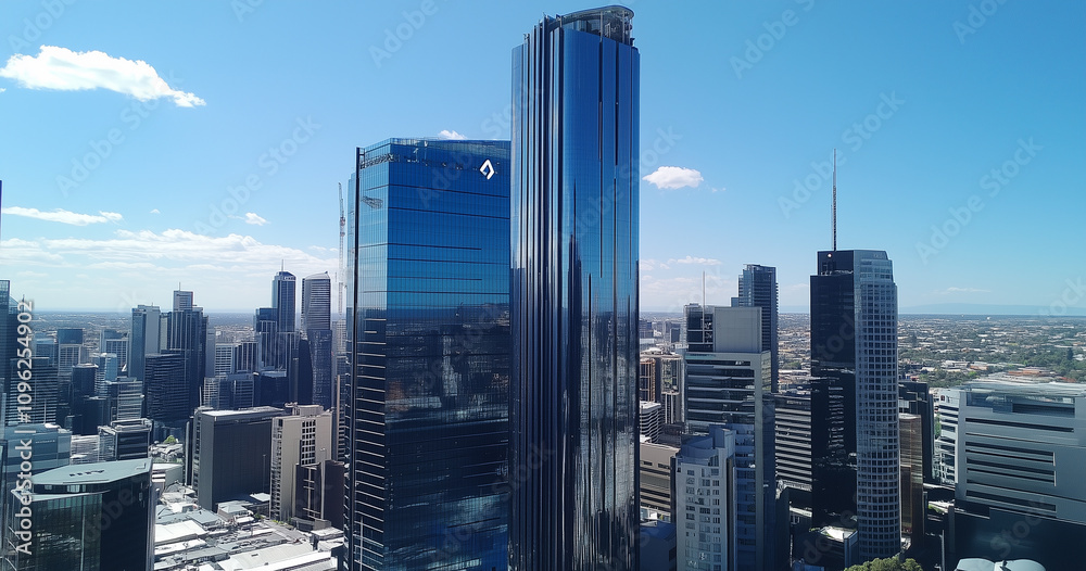 Naklejka premium Modern Skyline with High-Rise Office Buildings under Blue Sky