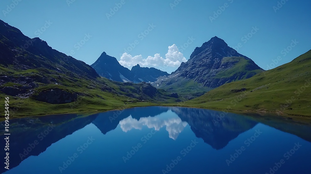 Breathtaking Mountain Landscape with Clear Waters and Reflection under Blue Sky in Serene Nature Setting Breathtaking Mountain Landscape with Clear Waters and Reflection under Blue Sky in Serene Nature Setting