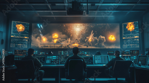  Command center monitoring explosions on a large screen with operators seated at control stations in a dimly lit room