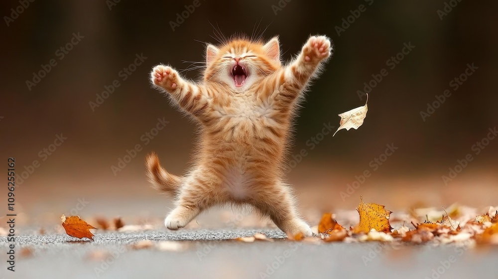 A lively orange kitten with white patches makes a playful leap, surrounded by colorful fallen leaves on a gravel path. The joy of autumn is palpable as it stretches and yawns A lively orange kitten with white patches makes a playful leap, surrounded by colorful fallen leaves on a gravel path. The joy of autumn is palpable as it stretches and yawns