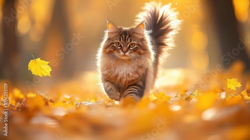 A Siberian cat strolls gracefully among vibrant autumn leaves in a forest setting. Sunlight streams through the trees, creating a warm golden ambiance