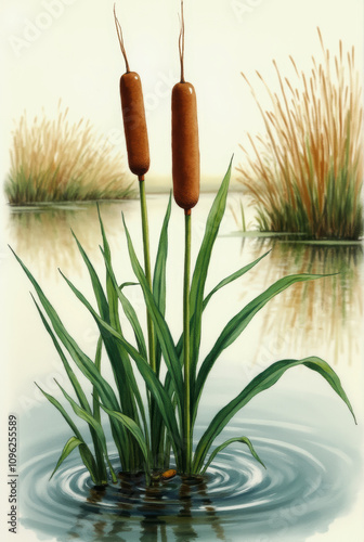 Serene Wetlands Depicting Cattails, Reeds, and Reflective Pond
