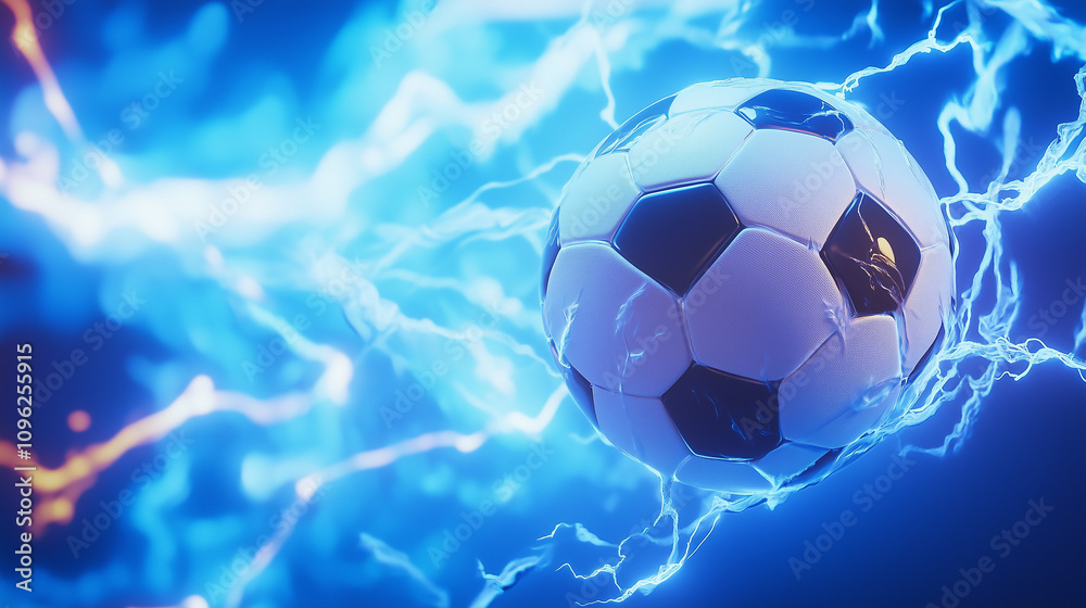 Fototapeta premium A soccer ball charged with vibrant blue electric energy surrounded by glowing sparks on a dark atmospheric background