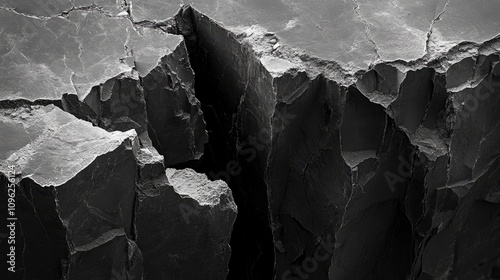 Detailed close-up of fractured dark rocks, emphasizing deep crevices and sharp surfaces that reveal the rugged, complex textures of geological formations.