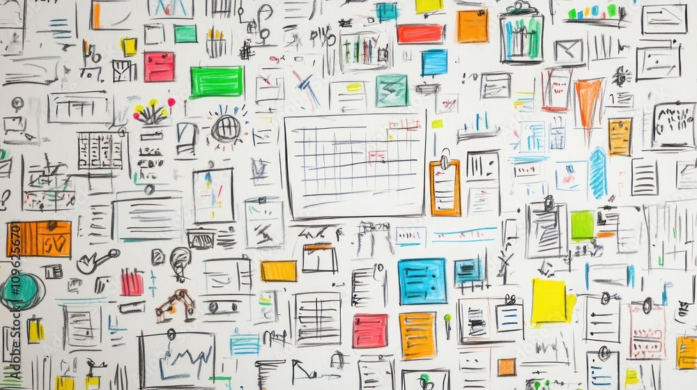 Obraz premium A colorful collage of charts, notes, and sketches illustrating data and ideas.