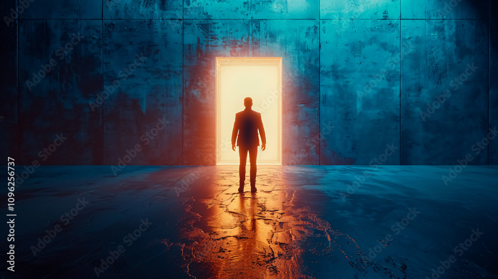 Businessman in Glowing Doorway: A futuristic scene of a businessman stepping into the light and seeing a glowing doorway, with a dreamy, moody atmosphere. Businessman in Glowing Doorway: A futuristic scene of a businessman stepping into the light and seeing a glowing doorway, with a dreamy, moody atmosphere.