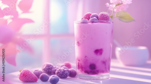 Frozen Berries in a Glass of Purple Smoothie with a Single Pink Flower