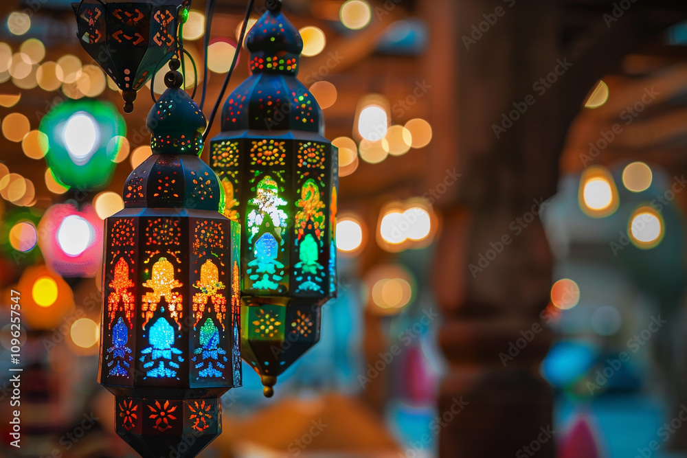 Naklejka premium Beautiful greeting card with holiday composition for celebrate Ramadan