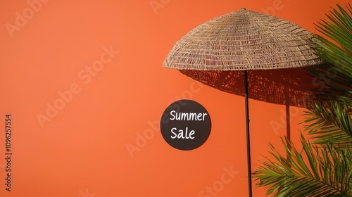 A vibrant orange wall features a straw umbrella beside a round sign announcing a summer sale, evoking a sunny, cheerful atmosphere.