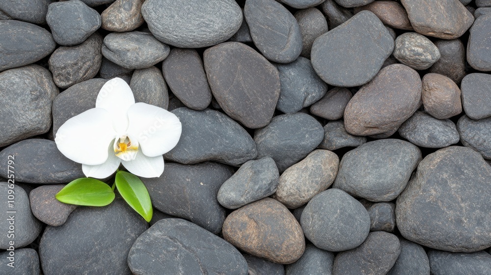 Fototapeta premium Flower on stones zen garden nature photography tranquil environment top view serenity
