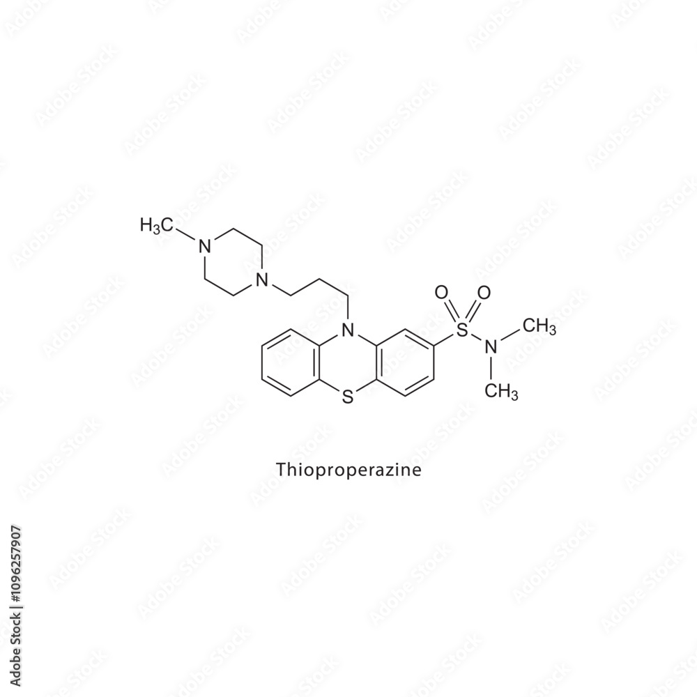 Thioproperazine flat skeletal molecular structure Antipsychotic drug used in schizophrenia treatment. Vector illustration scientific diagram. Thioproperazine flat skeletal molecular structure Antipsychotic drug used in schizophrenia treatment. Vector illustration scientific diagram.