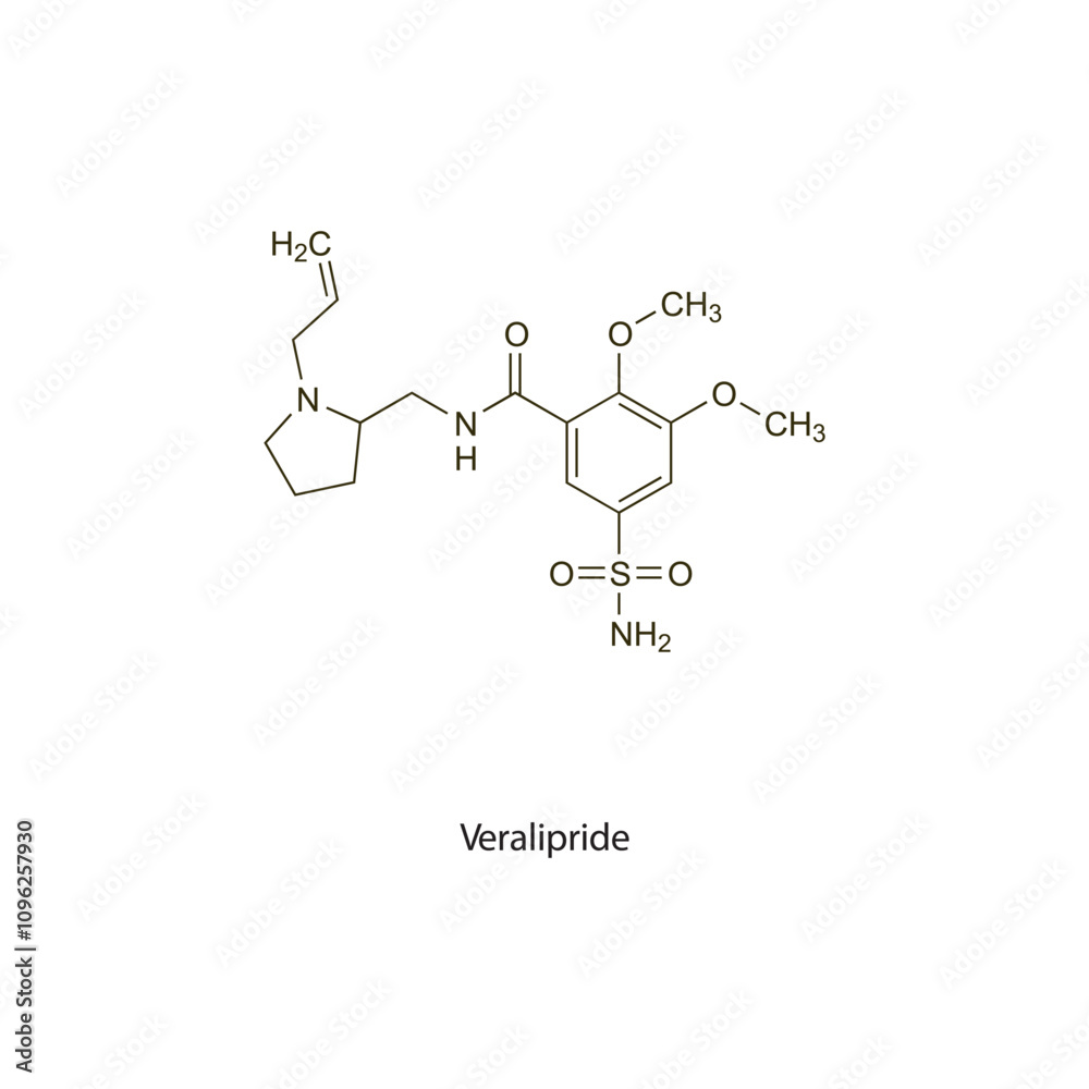 Veralipride flat skeletal molecular structure Antipsychotic drug used in schizophrenia treatment. Vector illustration scientific diagram. Veralipride flat skeletal molecular structure Antipsychotic drug used in schizophrenia treatment. Vector illustration scientific diagram.