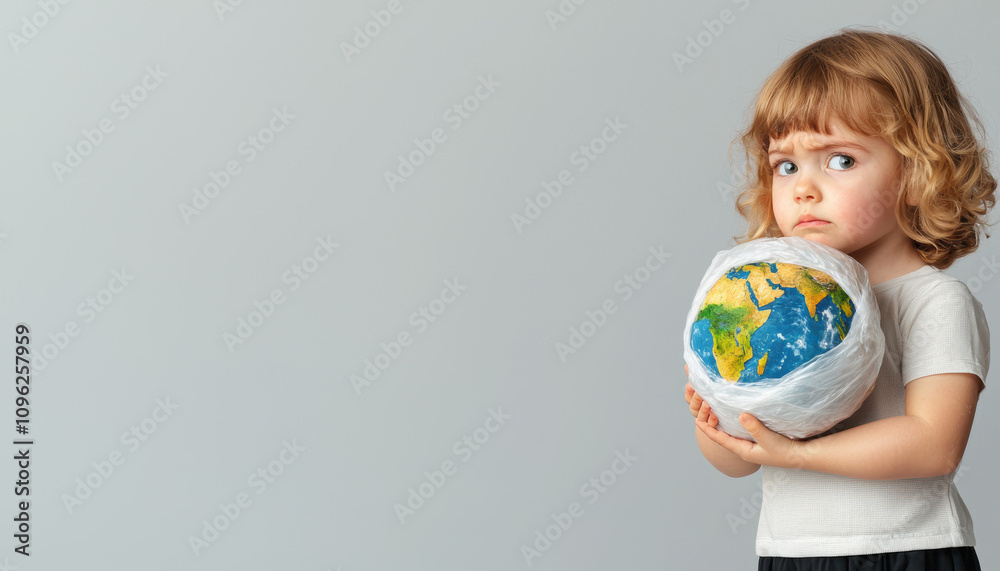 Plastic Pollution Waste Reduction Concept. A concerned child holding a globe, symbolizing awareness and responsibility for the planet's future. Plastic Pollution Waste Reduction Concept. A concerned child holding a globe, symbolizing awareness and responsibility for the planet's future.