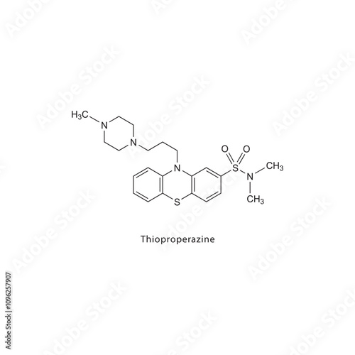 Thioproperazine flat skeletal molecular structure Antipsychotic drug used in schizophrenia treatment. Vector illustration scientific diagram.