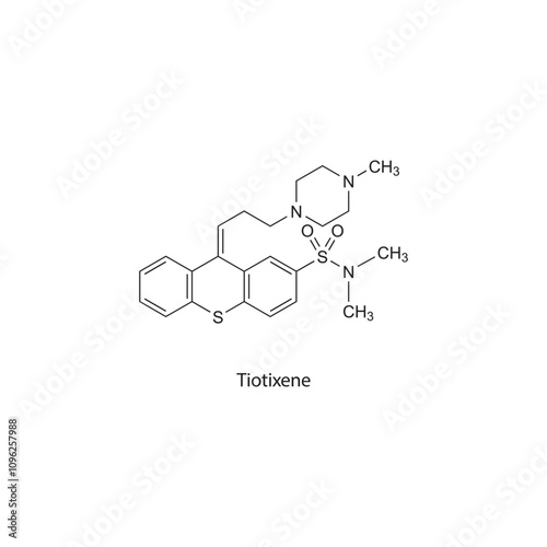 Tiotixene flat skeletal molecular structure Antipsychotic drug used in schizophrenia treatment. Vector illustration scientific diagram.