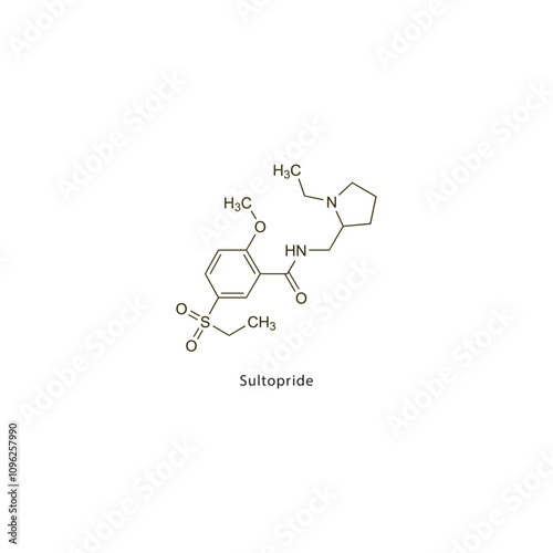 Sultopride flat skeletal molecular structure Atypical Antipsychotic drug used in schizophrenia treatment. Vector illustration scientific diagram.