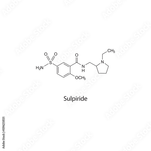 Sulpiride flat skeletal molecular structure Atypical Antipsychotic drug used in schizophrenia treatment. Vector illustration scientific diagram.