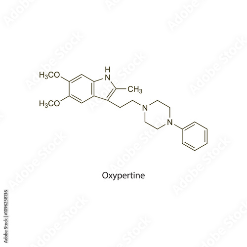 Oxypertine flat skeletal molecular structure Antipsychotic drug used in schizophrenia treatment. Vector illustration scientific diagram.