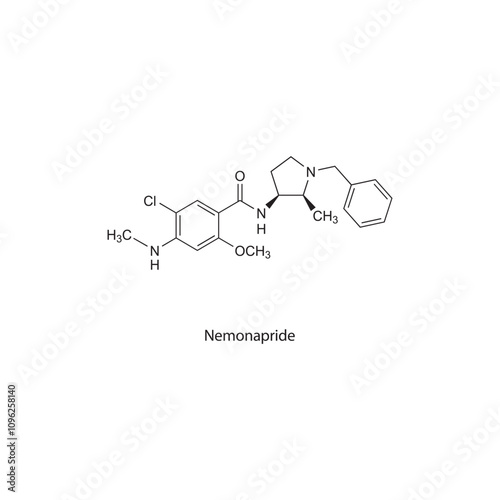 Nemonapride flat skeletal molecular structure Antipsychotic drug used in schizophrenia treatment. Vector illustration scientific diagram.