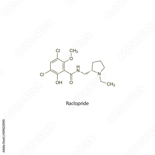 Raclopride flat skeletal molecular structure Atypical Antipsychotic drug used in schizophrenia treatment. Vector illustration scientific diagram.