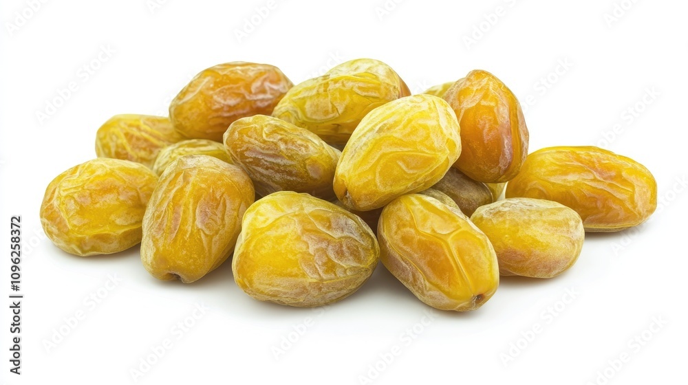 Freshly harvested yellow raw dates piled on a clean white background, showcasing their natural texture and vibrant color. Freshly harvested yellow raw dates piled on a clean white background, showcasing their natural texture and vibrant color.