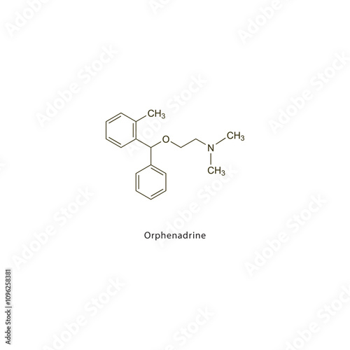 Orphenadrine flat skeletal molecular structure Anticholinergic drug drug used in Parkinson's disease, muscle relaxation treatment. Vector illustration scientific diagram. photo